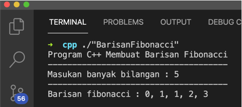 Hasil Program CPP Barisan Fibonacci Input 5