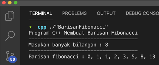 Hasil Program CPP Barisan Fibonacci Input 8