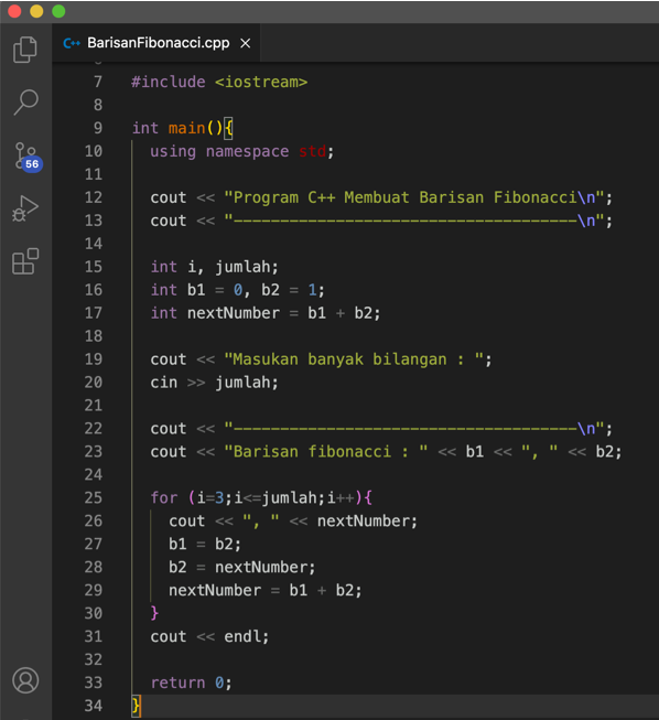 Program C++ Menampilkan Barisan Fibonacci